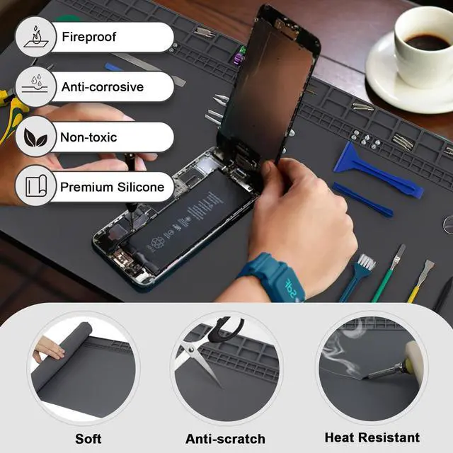 Alt view image 3 of 6 - 27.6'' x 15.7'' Extra Large Soldering Mat with Wrist Strap & Grounding Accessories 932°F Heat Resistant Silicone Repair Mat Oversized Workbench Mat for Cellphone Laptop Repair (Grey)