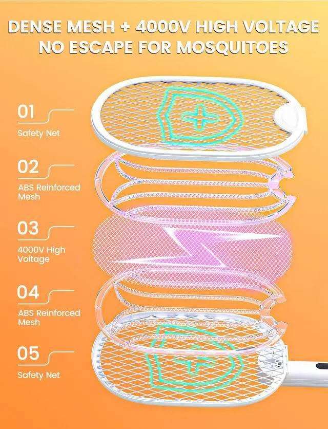 Alt view image 3 of 7 - Electric Fly Swatter 4000V Bug Zapper Racket with 1800mAh Rechargeable Battery 5-Layer Safety Mesh Dual Modes 180° Foldable Ideal for Indoor or Outdoor Use (White)