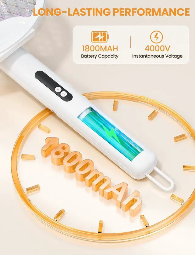 Alt view image 6 of 7 - Electric Fly Swatter 4000V Bug Zapper Racket with 1800mAh Rechargeable Battery 5-Layer Safety Mesh Dual Modes 180° Foldable Ideal for Indoor or Outdoor Use (White)