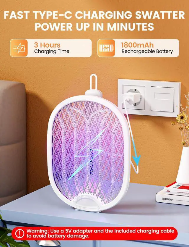 Alt view image 5 of 7 - Electric Fly Swatter 4000V Bug Zapper Racket with 1800mAh Rechargeable Battery 5-Layer Safety Mesh Dual Modes 180° Foldable Ideal for Indoor or Outdoor Use (White)