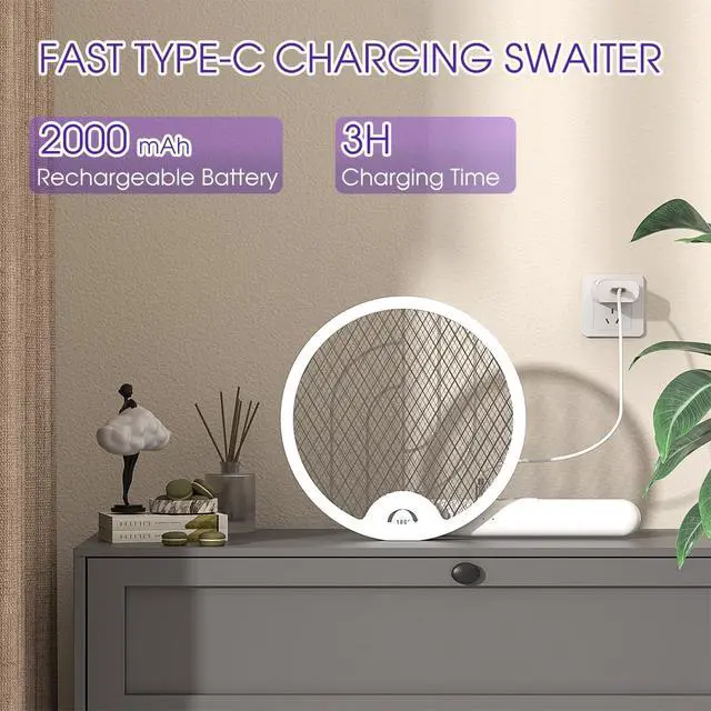 Alt view image 4 of 7 - Electric Fly Swatter 4000V, Bug Zapper Racket Indoor with USB Rechargeable, Mosquitoes Trap Lamp Rechargeable with 1200mAh Battery for Indoor Mosquito Bat, Fruit Fly Killer for Home