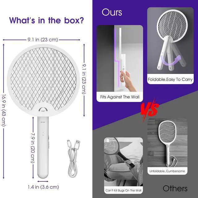 Alt view image 5 of 7 - Electric Fly Swatter 4000V, Bug Zapper Racket Indoor with USB Rechargeable, Mosquitoes Trap Lamp Rechargeable with 1200mAh Battery for Indoor Mosquito Bat, Fruit Fly Killer for Home