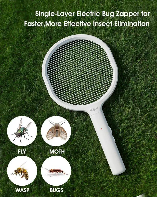 Alt view image 5 of 7 - Single Layer Grid Electric Fly Swatter High Efficiency Bug Zapper Racket for Wasps, Large Bees, Hornets, Yellow Jackets, Moths, Big Flying Insects, for Indoor Outdoor Use (White)