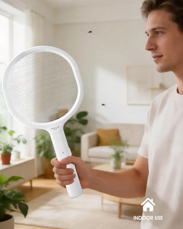 Alt view image 6 of 7 - Single Layer Grid Electric Fly Swatter High Efficiency Bug Zapper Racket for Wasps, Large Bees, Hornets, Yellow Jackets, Moths, Big Flying Insects, for Indoor Outdoor Use (White)