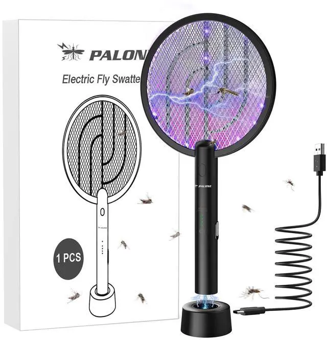 Main image of Electric Fly Swatter , 4000V Dual Modes Bug Zapper Racket, Mosquito Killer with Type-C Charging Dock, Insect Zapper with 3-Layer Safety Mesh Electric Fly Swatter for Indoor/Outdoor, Black 1 Pcs