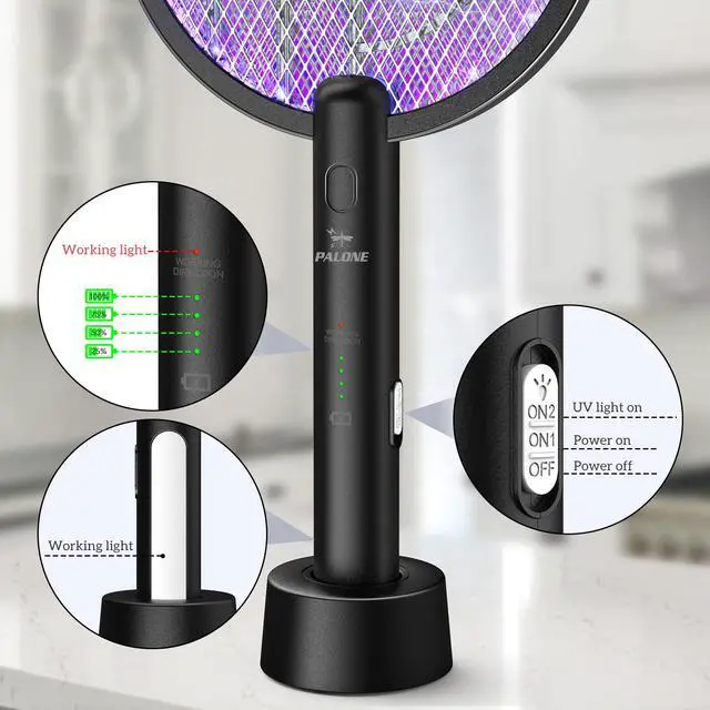 Alt view image 3 of 7 - Electric Fly Swatter , 4000V Dual Modes Bug Zapper Racket, Mosquito Killer with Type-C Charging Dock, Insect Zapper with 3-Layer Safety Mesh Electric Fly Swatter for Indoor/Outdoor, Black 1 Pcs