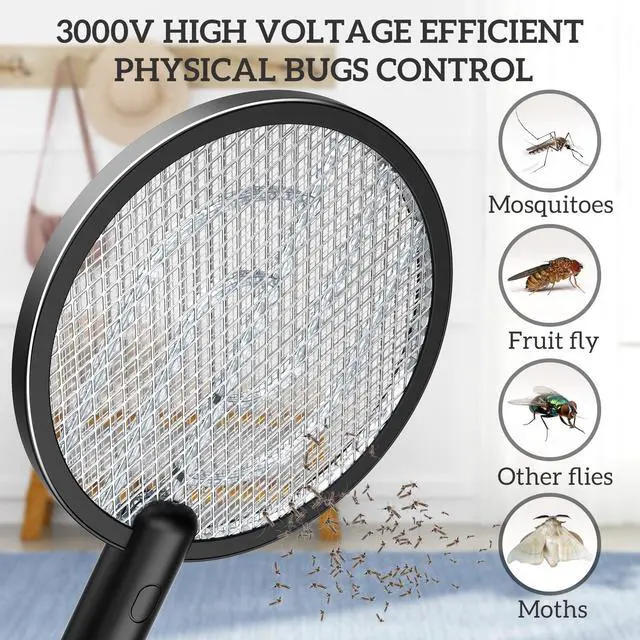 Alt view image 2 of 7 - Electric Fly Swatter , 4000V Dual Modes Bug Zapper Racket, Mosquito Killer with Type-C Charging Dock, Insect Zapper with 3-Layer Safety Mesh Electric Fly Swatter for Indoor/Outdoor, Black 1 Pcs