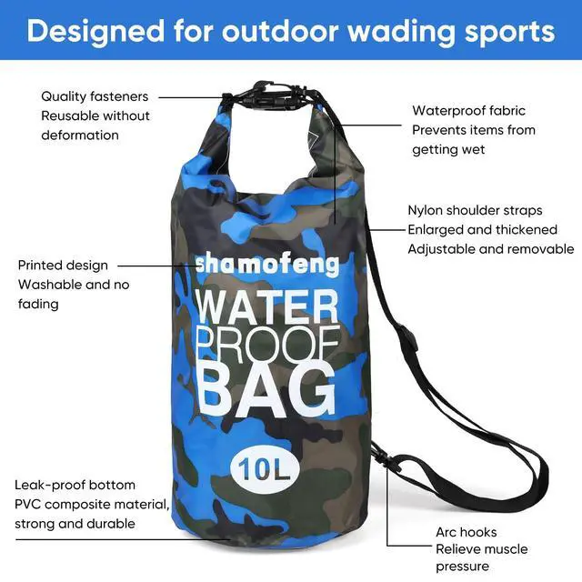 Alt view image 4 of 7 - Waterproof Dry Bag 5L/10L/15L/20L/30L Roll Top Dry Storage Backpack with Phone Case, Collapsible Water Bottle, Sunglasses, Ear Band for Kayaking Boating Swimming Fishing Camping, Blue 10L