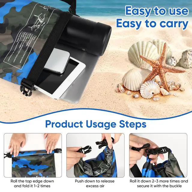 Alt view image 6 of 7 - Waterproof Dry Bag 5L/10L/15L/20L/30L Roll Top Dry Storage Backpack with Phone Case, Collapsible Water Bottle, Sunglasses, Ear Band for Kayaking Boating Swimming Fishing Camping, Blue 10L