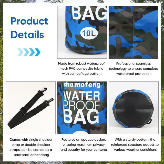 Alt view image 5 of 7 - Waterproof Dry Bag 5L/10L/15L/20L/30L Roll Top Dry Storage Backpack with Phone Case, Collapsible Water Bottle, Sunglasses, Ear Band for Kayaking Boating Swimming Fishing Camping, Blue 10L