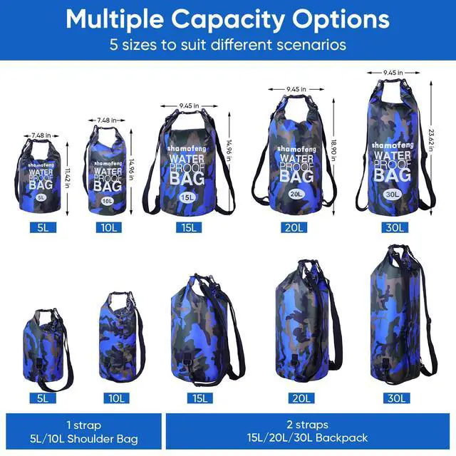 Alt view image 3 of 7 - Waterproof Dry Bag 5L/10L/15L/20L/30L Roll Top Dry Storage Backpack with Phone Case, Collapsible Water Bottle, Sunglasses, Ear Band for Kayaking Boating Swimming Fishing Camping, Blue 10L