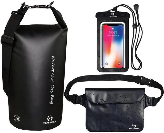 Main image of Waterproof Dry Bag Set of 3 - Submersible Dry Sack with Double Zip Lock Seals - Includes Waist Pouch & Phone Case - Perfect for Kayaking, Swimming, Boating & Rafting (Black, 5L)