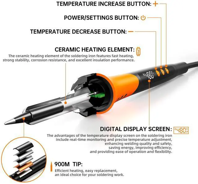 Alt view image 4 of 7 - 90W 110V LCD Soldering Iron, Soldering Iron Kit, 10-in-1 Soldering gun Tool, 5 Soldering Iron Tips, Solder Wire, Solder Paste, Adjustable Temperature Range 180-480°C