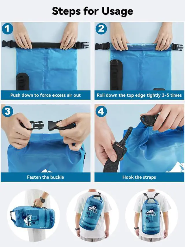 Alt view image 5 of 7 - Dry Bag Waterproof for Women Men, Roll Top Lightweight Dry Storage Bag Backpack with Phone Case for Travel Swimming Boating Kayaking Paddle Board Camping Beach Accessories (Transparent Blue, 5L)