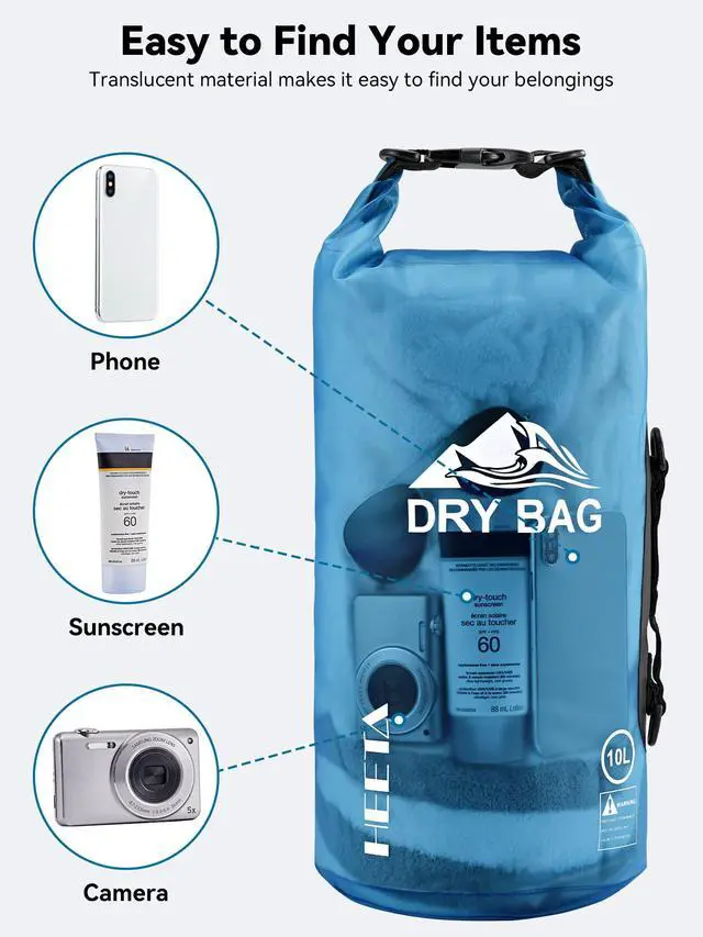 Alt view image 7 of 7 - Dry Bag Waterproof for Women Men, Roll Top Lightweight Dry Storage Bag Backpack with Phone Case for Travel Swimming Boating Kayaking Paddle Board Camping Beach Accessories (Transparent Blue, 5L)