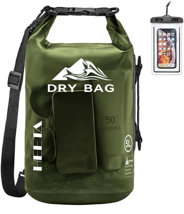 Main image of Dry Bag Waterproof for Women Men, Roll Top Lightweight Dry Storage Bag Backpack with Phone Case for Travel Swimming Boating Kayaking Paddle Board Camping Beach Accessories (Pitch Green, 5L)