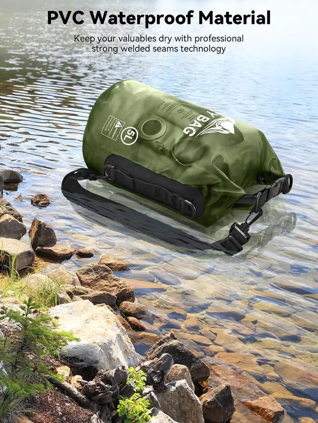 Alt view image 3 of 7 - Dry Bag Waterproof for Women Men, Roll Top Lightweight Dry Storage Bag Backpack with Phone Case for Travel Swimming Boating Kayaking Paddle Board Camping Beach Accessories (Pitch Green, 5L)