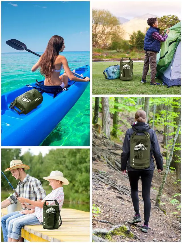 Alt view image 6 of 7 - Dry Bag Waterproof for Women Men, Roll Top Lightweight Dry Storage Bag Backpack with Phone Case for Travel Swimming Boating Kayaking Paddle Board Camping Beach Accessories (Pitch Green, 5L)
