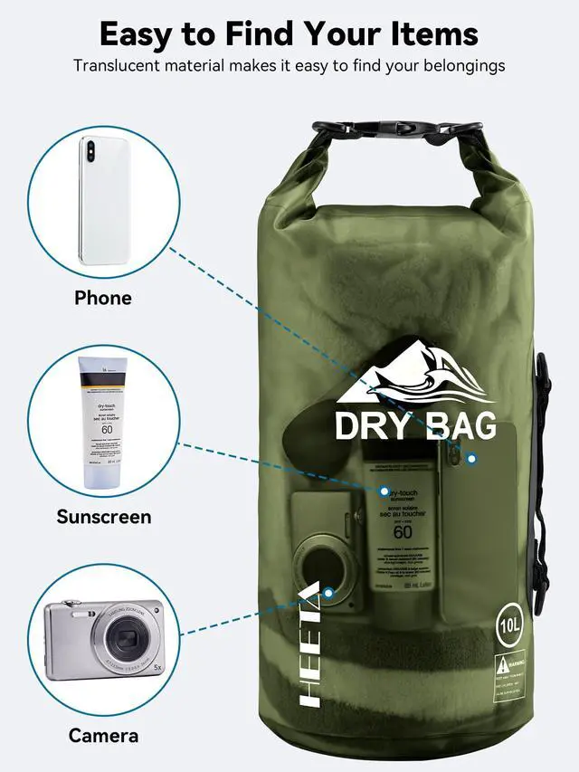 Alt view image 7 of 7 - Dry Bag Waterproof for Women Men, Roll Top Lightweight Dry Storage Bag Backpack with Phone Case for Travel Swimming Boating Kayaking Paddle Board Camping Beach Accessories (Pitch Green, 5L)