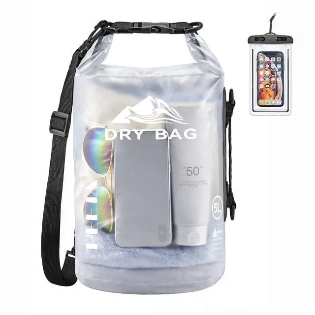 Main image of Dry Bag Waterproof for Women Men, Roll Top Lightweight Dry Storage Bag Backpack with Phone Case for Travel Swimming Boating Kayaking Paddle Board Camping Beach Accessories (White, 5L)