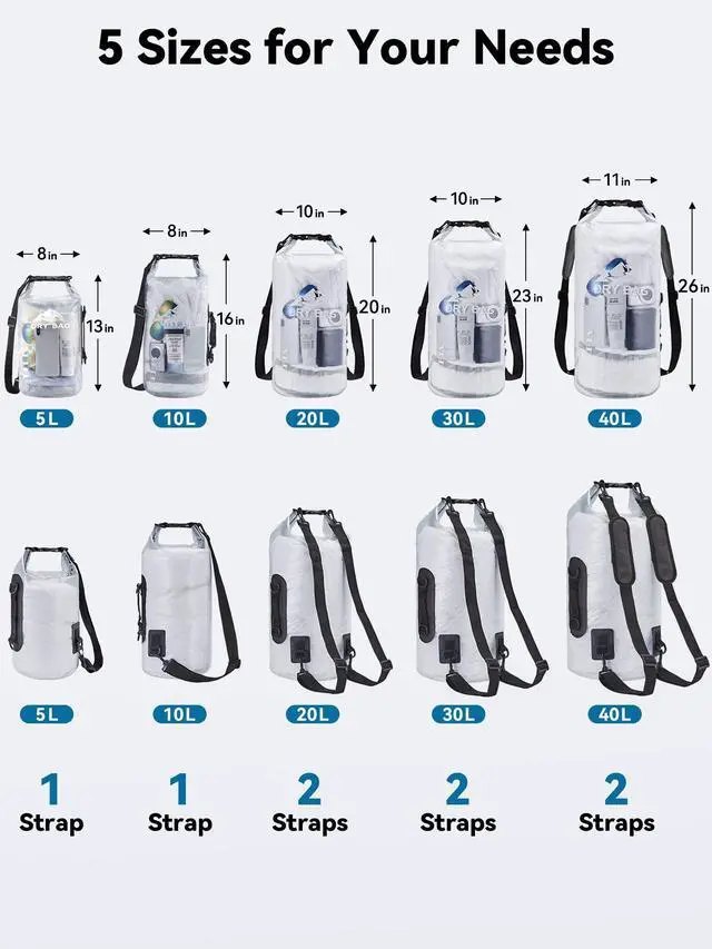 Alt view image 2 of 7 - Dry Bag Waterproof for Women Men, Roll Top Lightweight Dry Storage Bag Backpack with Phone Case for Travel Swimming Boating Kayaking Paddle Board Camping Beach Accessories (White, 5L)