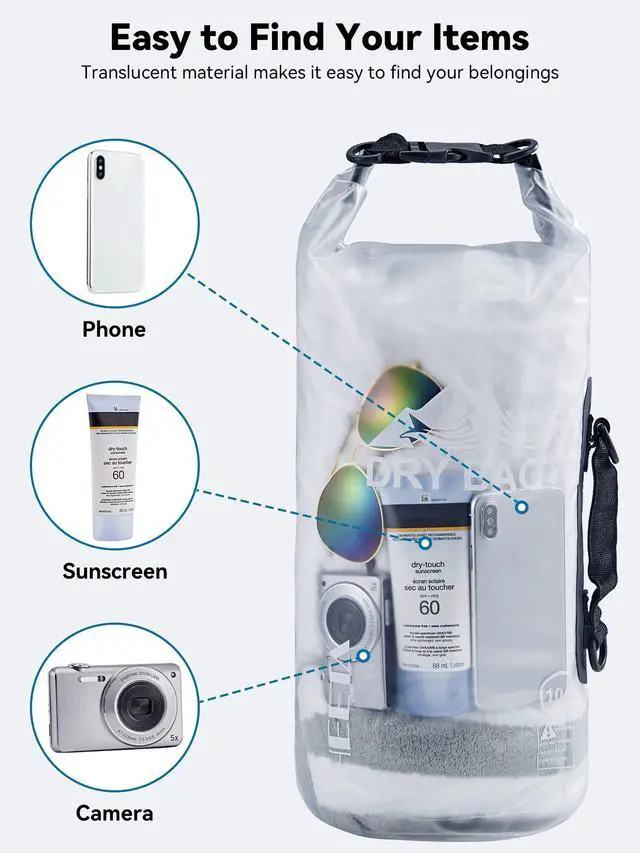 Alt view image 7 of 7 - Dry Bag Waterproof for Women Men, Roll Top Lightweight Dry Storage Bag Backpack with Phone Case for Travel Swimming Boating Kayaking Paddle Board Camping Beach Accessories (White, 5L)