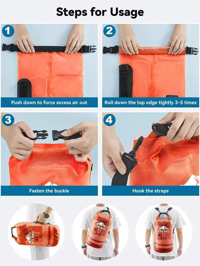 Alt view image 5 of 7 - Dry Bag Waterproof for Women Men, Roll Top Lightweight Dry Storage Bag Backpack with Phone Case for Travel Swimming Boating Kayaking Paddle Board Camping Beach Accessories (Orange, 5L)