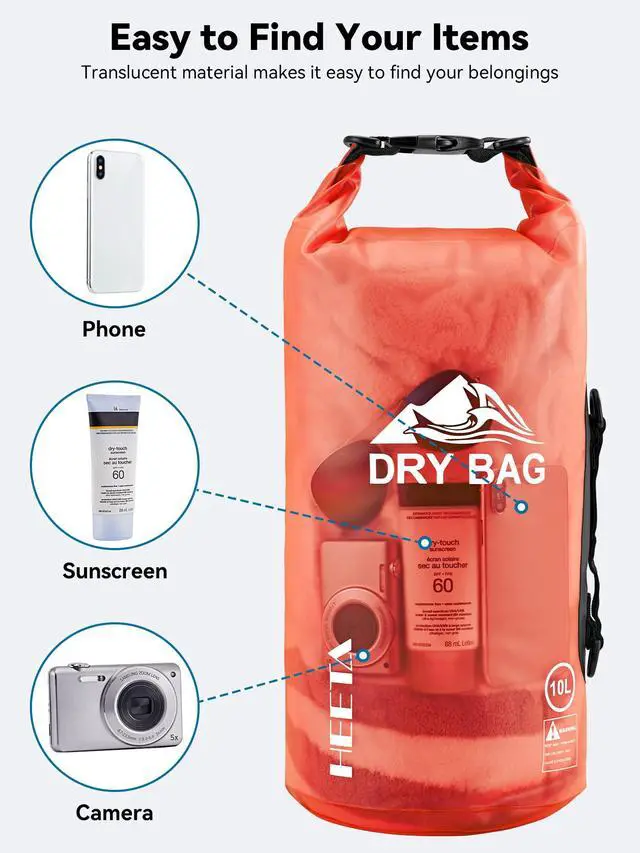 Alt view image 7 of 7 - Dry Bag Waterproof for Women Men, Roll Top Lightweight Dry Storage Bag Backpack with Phone Case for Travel Swimming Boating Kayaking Paddle Board Camping Beach Accessories (Orange, 5L)