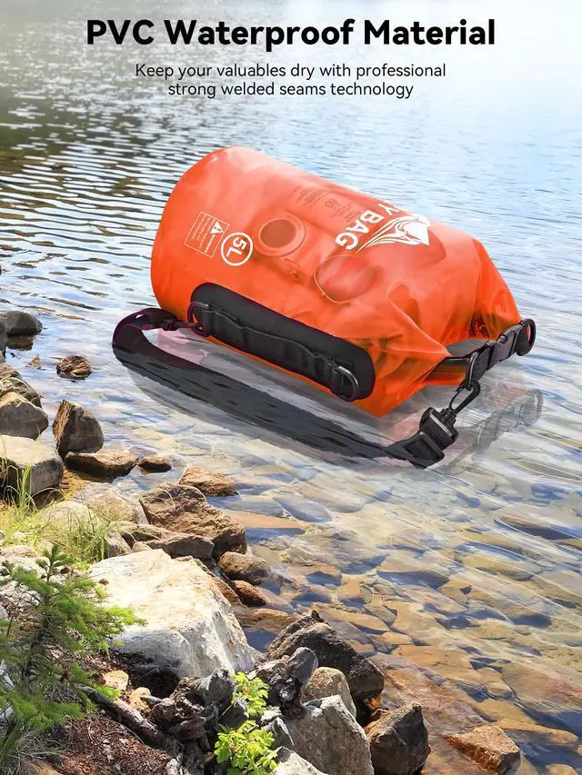 Alt view image 3 of 7 - Dry Bag Waterproof for Women Men, Roll Top Lightweight Dry Storage Bag Backpack with Phone Case for Travel Swimming Boating Kayaking Paddle Board Camping Beach Accessories (Orange, 5L)
