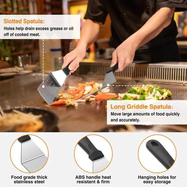 Alt view image 4 of 7 - Griddle Accessories Kit, 25PCS Flat Top Grill Accessories Set for Blackstone and Camp Chef, Grill Spatula Set with Enlarged Spatulas, Basting Cover, Scraper, Carry Bag for Outdoor BBQ