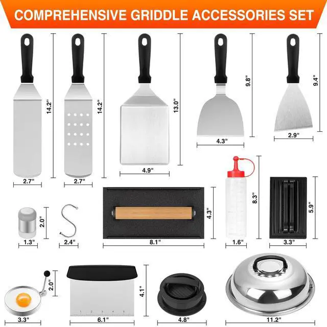 Alt view image 2 of 7 - Griddle Accessories Kit, 25PCS Flat Top Grill Accessories Set for Blackstone and Camp Chef, Grill Spatula Set with Enlarged Spatulas, Basting Cover, Scraper, Carry Bag for Outdoor BBQ