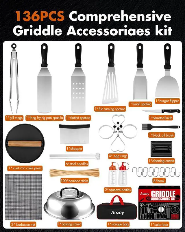 Alt view image 2 of 7 - Griddle Accessories Kit - 136PCS Flat Top Grill Accessories for Blackstone and Camp Chef Metal Spatula Tools Set with Burger Press Scraper Tongs Carry Bag for Outdoor Grilling BBQ Cooking