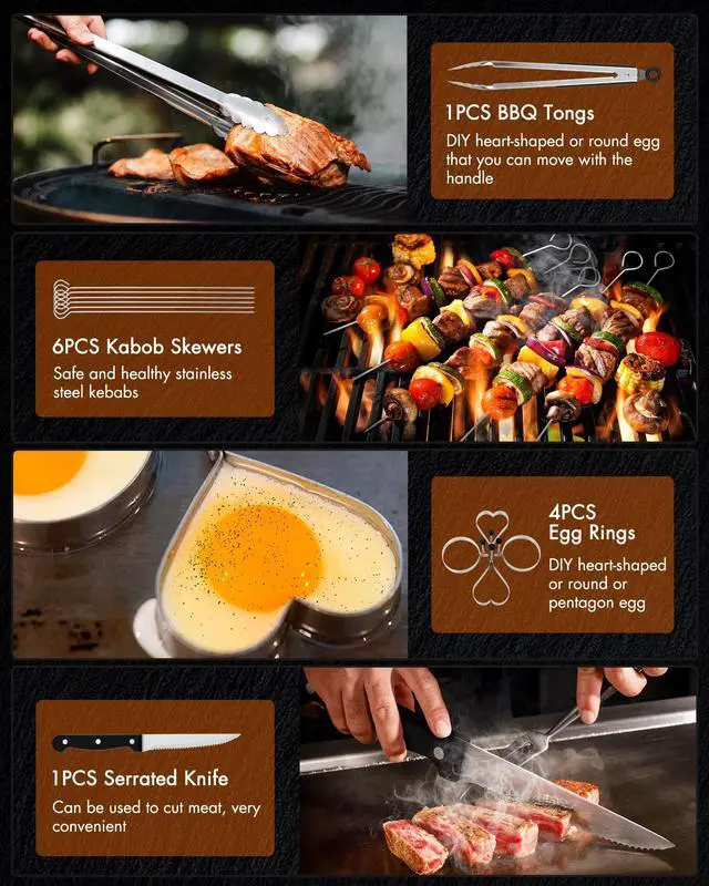 Alt view image 6 of 7 - Griddle Accessories Kit - 136PCS Flat Top Grill Accessories for Blackstone and Camp Chef Metal Spatula Tools Set with Burger Press Scraper Tongs Carry Bag for Outdoor Grilling BBQ Cooking