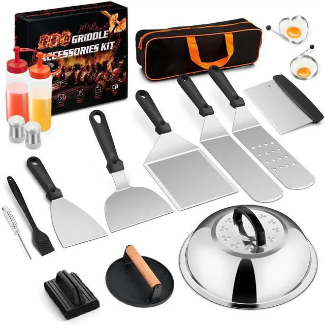 Main image of 18Pcs Griddle Accessories Kit for Blackstone, Flattop Grilling Accessory Set with Smash Burger Press, Stainless Steel Spatula Tools with Basting Cover for Outdoor BBQ Cooking (PP Handles)