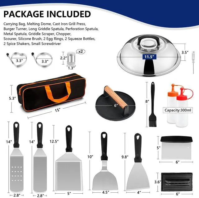 Alt view image 6 of 7 - 18Pcs Griddle Accessories Kit for Blackstone, Flattop Grilling Accessory Set with Smash Burger Press, Stainless Steel Spatula Tools with Basting Cover for Outdoor BBQ Cooking (PP Handles)