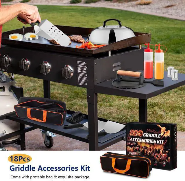 Alt view image 7 of 7 - 18Pcs Griddle Accessories Kit for Blackstone, Flattop Grilling Accessory Set with Smash Burger Press, Stainless Steel Spatula Tools with Basting Cover for Outdoor BBQ Cooking (PP Handles)
