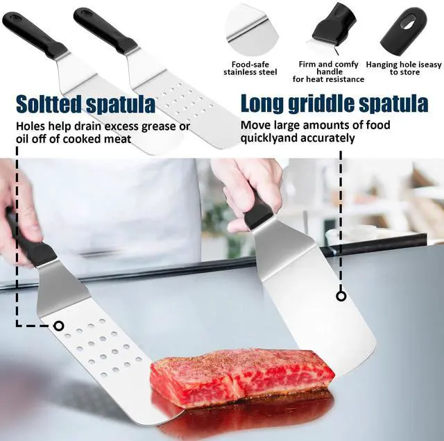 Alt view image 2 of 7 - Griddle Accessories Kit, 18PCS Grill Spatula Set for Blackstone and Camp Chef, Flat Top Grill Accessories Set with Enlarged Spatulas, Basting Cover, Scraper for Outdoor BBQ