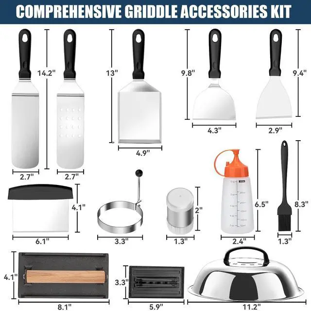 Alt view image 7 of 7 - Griddle Accessories Kit, 18PCS Grill Spatula Set for Blackstone and Camp Chef, Flat Top Grill Accessories Set with Enlarged Spatulas, Basting Cover, Scraper for Outdoor BBQ