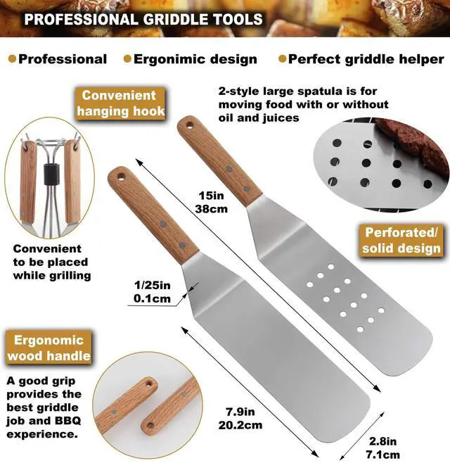 Alt view image 2 of 7 - 8pcs Professional Griddle Accessories Kit - Heavy Duty Stainless Steel Grill Spatula Set for Grill Griddle Hibachi Flat Top Outdoor Cooking - Great Grill Gift on Birthday Wedding