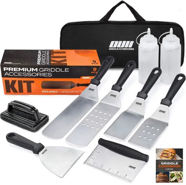 Main image of Flat Top Griddle Accessories for Blackstone and Camp Chef Griddle - 9 Pieces Set with Griddle Cleaning Kit and Carry Bag! Metal Spatula, Scraper for Hibachi and Teppanyaki Grill