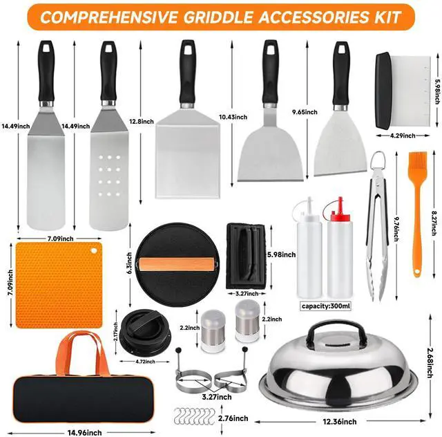Alt view image 5 of 7 - Griddle Accessories Kit for Blackstone, 28Pcs Hibachi Tools Accessories Set for Flat Top Teppanyaki with Griddle Spatula, Burger Press& Trivet Mat, BBQ Christmas Grilling Gifts for Dad,Men