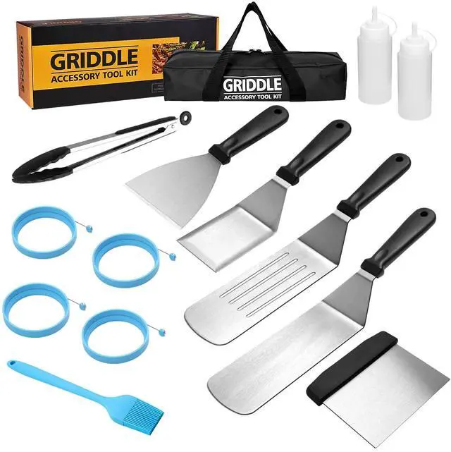 Main image of Flat Top Griddle Accessories Set for Blackstone and Camp Chef, Professional Grill Spatula Set with Burger Spatulas Scraper, BBQ Tool Griddle Utensils Kit for Men Outdoor Flattop Grills Cooking (Black)