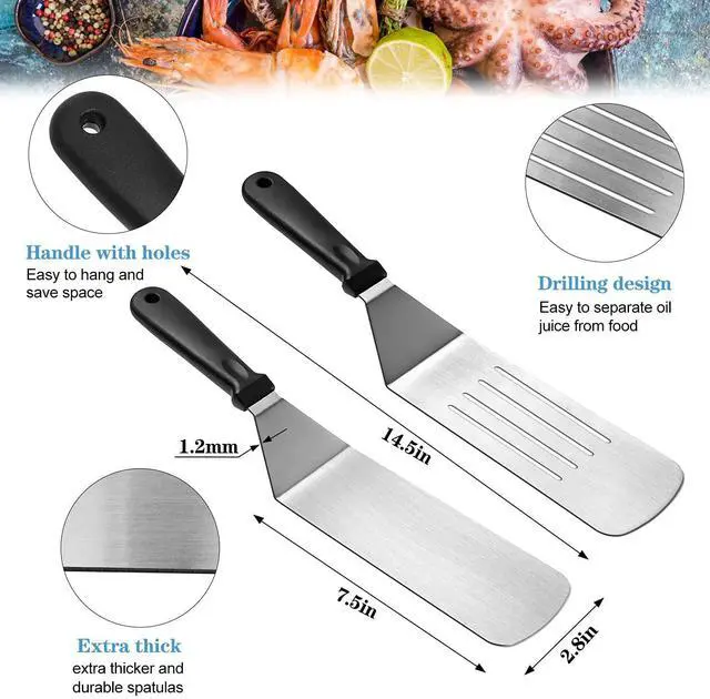 Alt view image 2 of 6 - Flat Top Griddle Accessories Set for Blackstone and Camp Chef, Professional Grill Spatula Set with Burger Spatulas Scraper, BBQ Tool Griddle Utensils Kit for Men Outdoor Flattop Grills Cooking (Black)