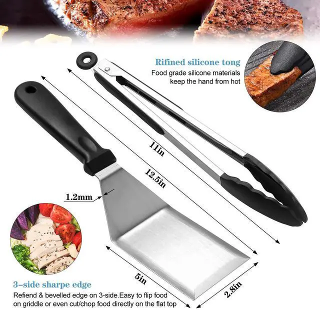 Alt view image 4 of 6 - Flat Top Griddle Accessories Set for Blackstone and Camp Chef, Professional Grill Spatula Set with Burger Spatulas Scraper, BBQ Tool Griddle Utensils Kit for Men Outdoor Flattop Grills Cooking (Black)