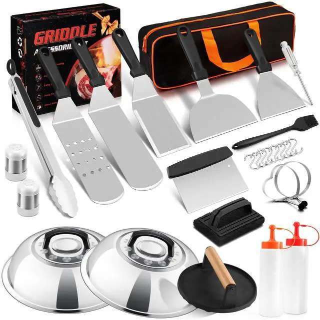 Main image of 28Pcs Griddle Accessories Kit, Stainless Steel Flat Top Grill Accessory Tools Set, Metal Spatulas, Scraper Choppers, Melting Domes, Cast Iron Burger Press, for Teppanyaki Tabletop Hibachi BBQ
