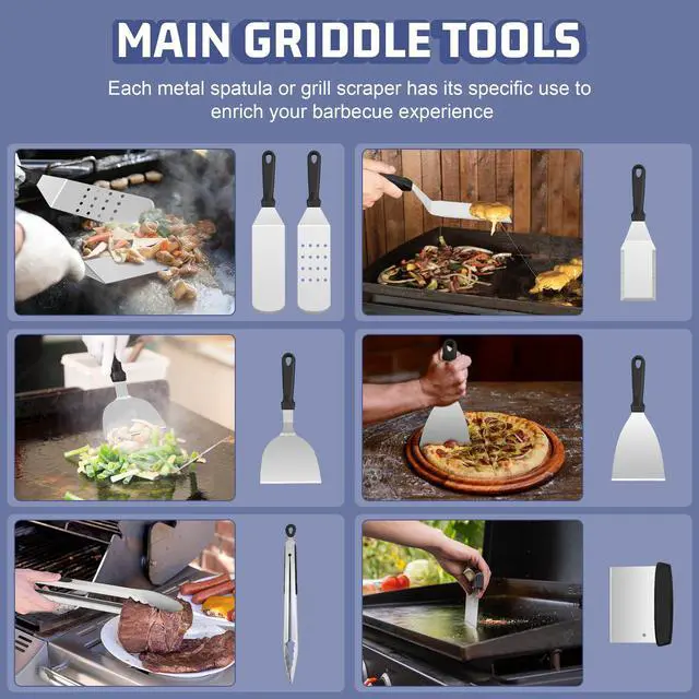 Alt view image 5 of 7 - 28Pcs Griddle Accessories Kit, Stainless Steel Flat Top Grill Accessory Tools Set, Metal Spatulas, Scraper Choppers, Melting Domes, Cast Iron Burger Press, for Teppanyaki Tabletop Hibachi BBQ