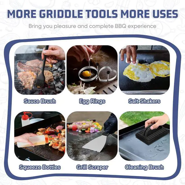 Alt view image 7 of 7 - 28Pcs Griddle Accessories Kit, Stainless Steel Flat Top Grill Accessory Tools Set, Metal Spatulas, Scraper Choppers, Melting Domes, Cast Iron Burger Press, for Teppanyaki Tabletop Hibachi BBQ