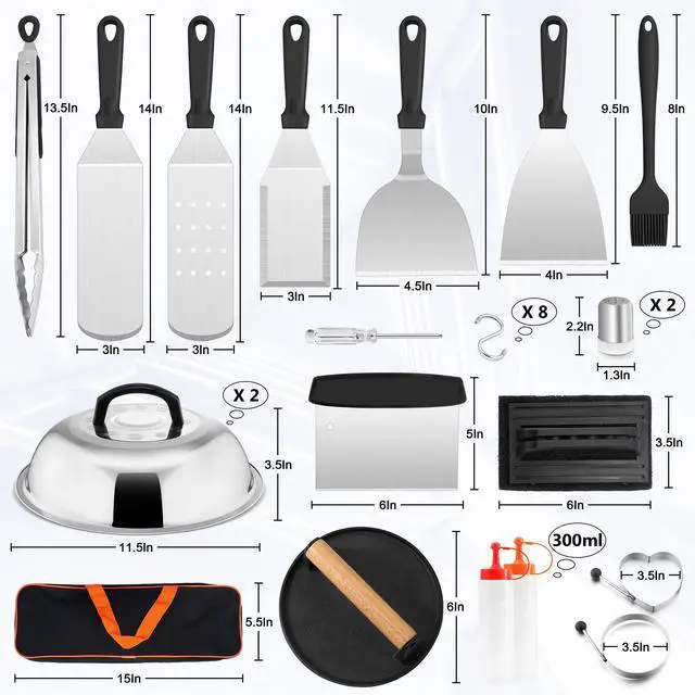 Alt view image 2 of 7 - 28Pcs Griddle Accessories Kit, Stainless Steel Flat Top Grill Accessory Tools Set, Metal Spatulas, Scraper Choppers, Melting Domes, Cast Iron Burger Press, for Teppanyaki Tabletop Hibachi BBQ