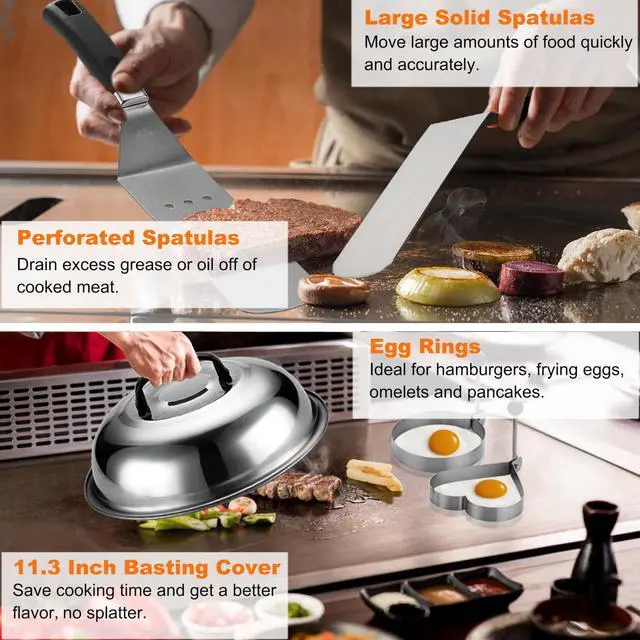 Alt view image 3 of 7 - Professional Griddle Accessories Kit Set with Smash Burger Press - Extra Thick Grill Spatula, Turner, Flipper - 38PCS Flat Top Grill Tools Kit for Outdoor Barbecue Teppanyaki Camping Cooking