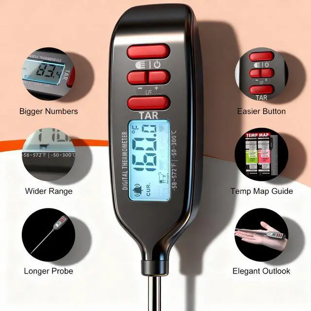 Alt view image 4 of 7 - Meat Thermometer Digital, Smart Instant Read Food Thermometer with Super Long Probe for Cooking Grilling Baking Kitchen Candy BBQ Oil Liquid, Backlit Display, Battery Included